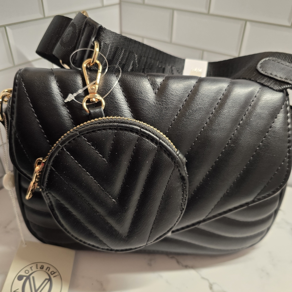 NWT Valentino Orlandi Black Quilted Crossbody Bag with Gold Accents